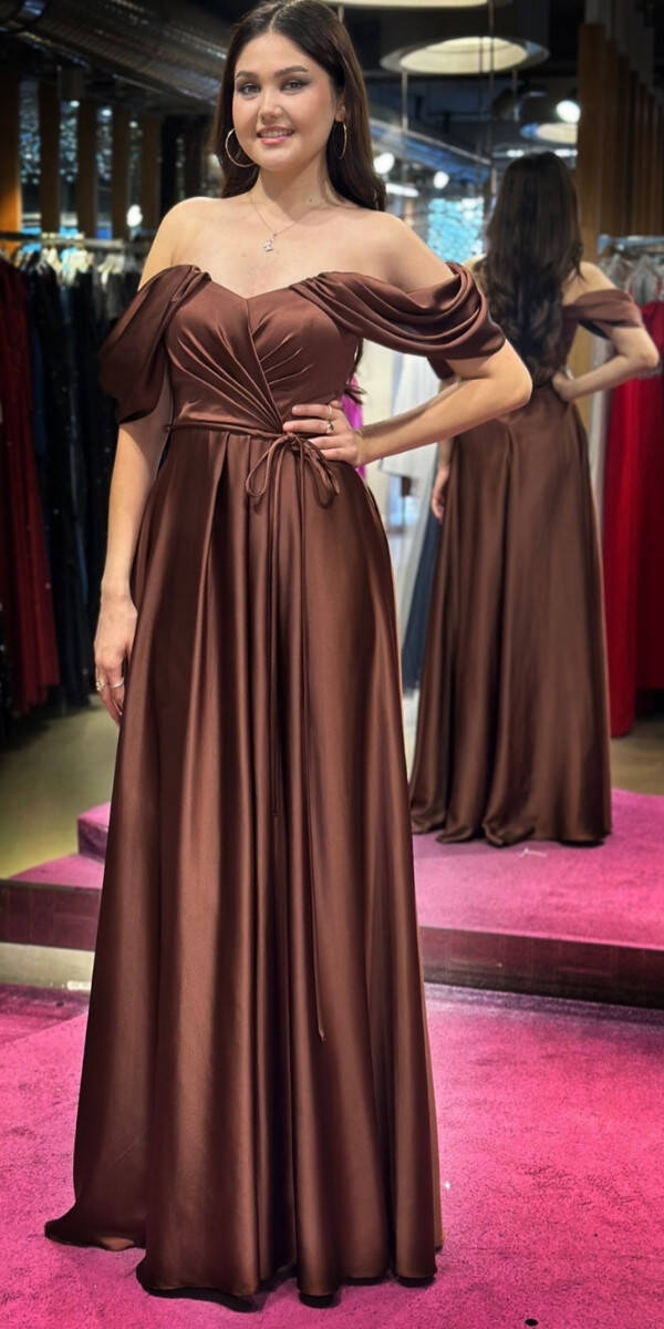 Brown Flared Skirt Satin Long Evening Dress 7350 - 1