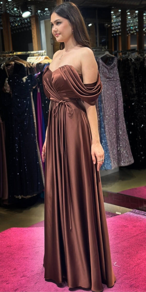 Brown Flared Skirt Satin Long Evening Dress 7350 - 3