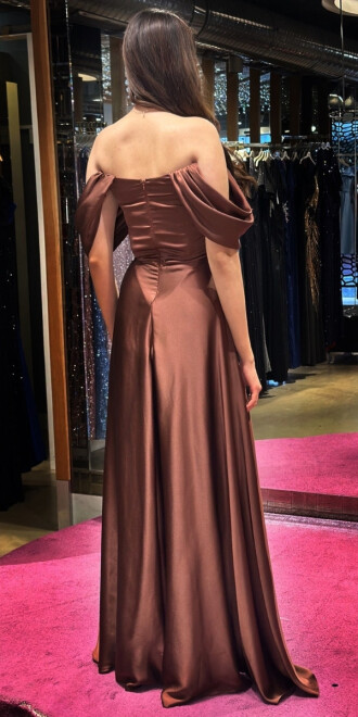 Brown Flared Skirt Satin Long Evening Dress 7350 - 5