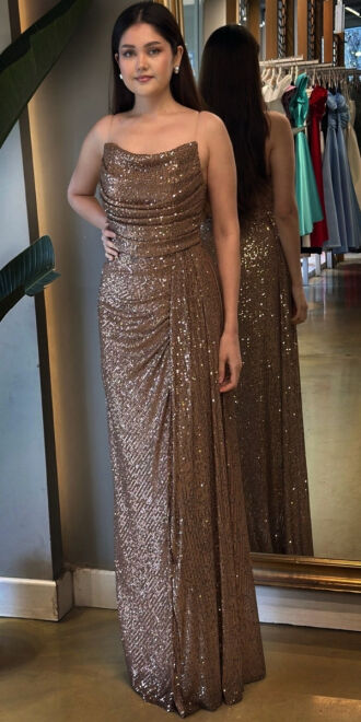 Brown Slit Straight Cut Sequin Long Evening Dress 7368 - 1