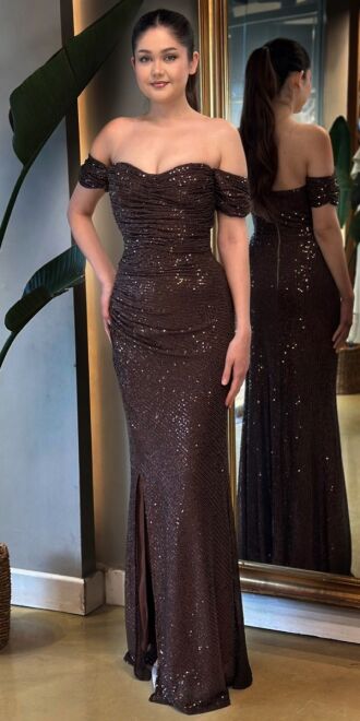 Brown Slit Straight Cut Sequin Long Evening Dress 7379 