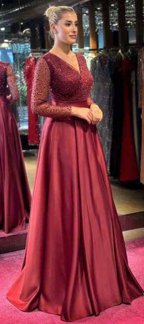 Burgundy Long Sleeve Flared Skirt Satin Long Evening Dress 7453 