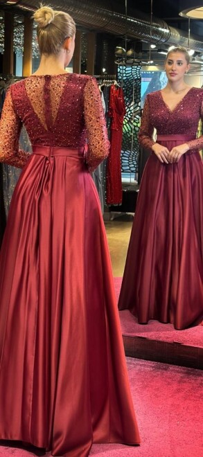 Burgundy Long Sleeve Flared Skirt Satin Long Evening Dress 7453 - 3