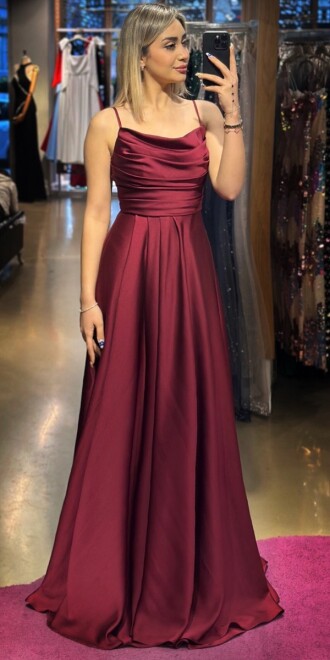 Burgundy Spaghetti Strap Low-Cut Back Flared Skirt Satin Long Evening Dress 7281 