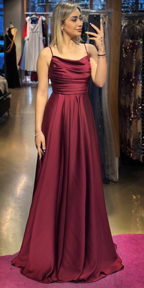 Burgundy Spaghetti Strap Low-Cut Back Flared Skirt Satin Long Evening Dress 7281 - 1