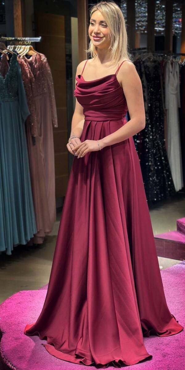 Burgundy Spaghetti Strap Low-Cut Back Flared Skirt Satin Long Evening Dress 7281 - 3