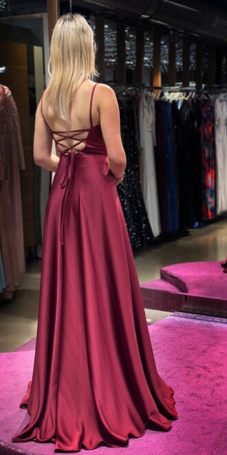 Burgundy Spaghetti Strap Low-Cut Back Flared Skirt Satin Long Evening Dress 7281 - 5