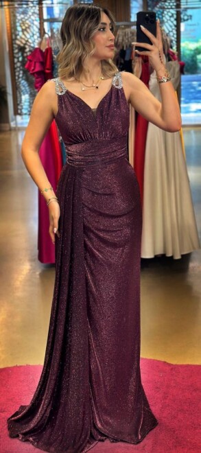 Burgundy Thick Strap Stone Detailed Slit Straight Cut Glitter Long Evening Dress 7597 