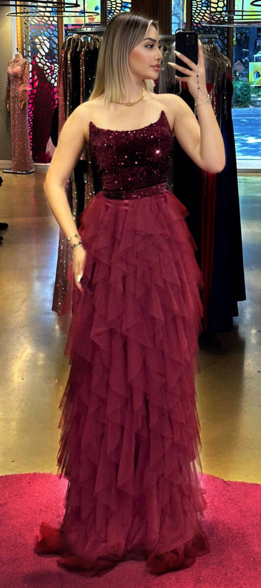 Cherry Red Flared Skirt Velvet Sequin Long Evening Dress 7545 - 1