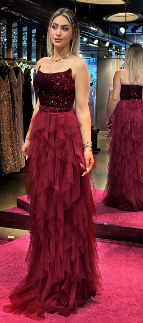 Cherry Red Flared Skirt Velvet Sequin Long Evening Dress 7545 - 3