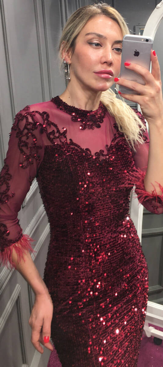 Cherry Red Long Sleeve Feather Detailed Velvet Sequin Short Evening Dress 7019 - 2