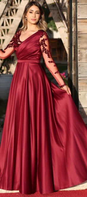 Cherry Red Long Sleeve Lace Detailed Flared Skirt Satin Long Evening Dress 7510 