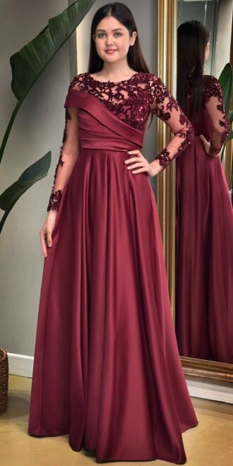 Cherry Red Long Sleeve Lace Detailed Flared Skirt Satin Long Evening Dress 7670 