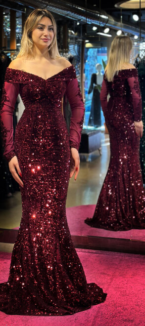 Cherry Red Long Sleeve Lace Detailed Mermaid Skirt Velvet Sequin Long Evening Dress 6840 - 3