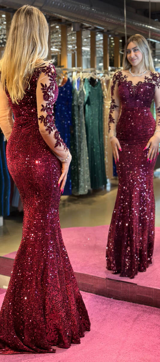 Cherry Red Long Sleeve Mermaid Skirt Sequin Long Evening Dress 7192 - 5