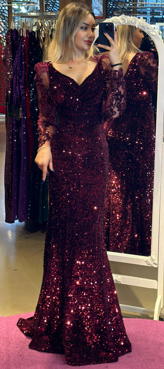 Cherry Red Long Sleeve Mermaid Skirt Sequin Long Evening Dress 7438 - 1