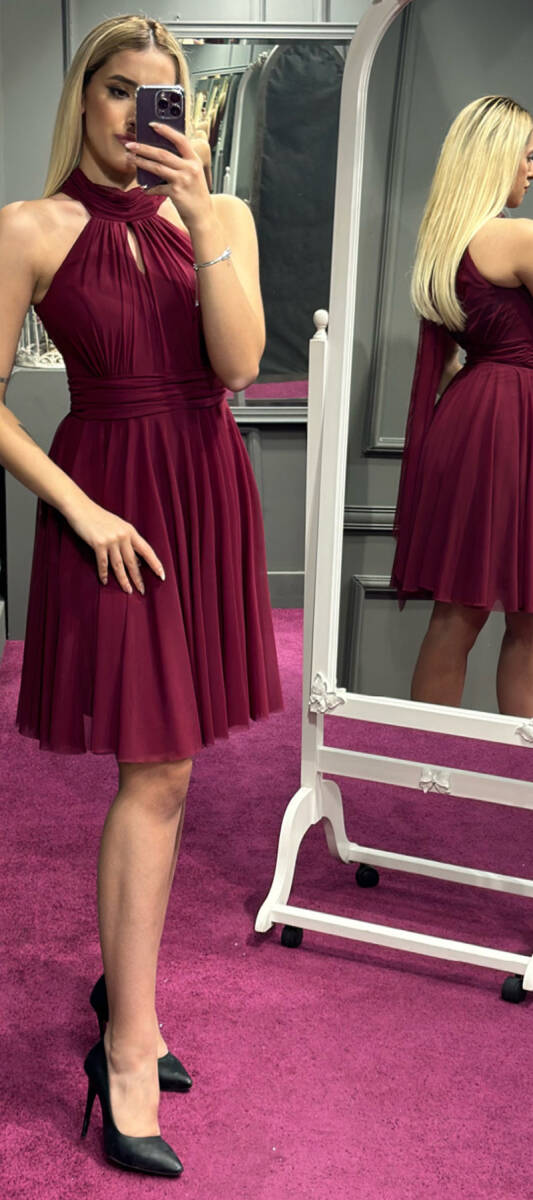 Cherry Red Low-Cut Back Flared Skirt Tulle Short Evening Dress 6050 - 1