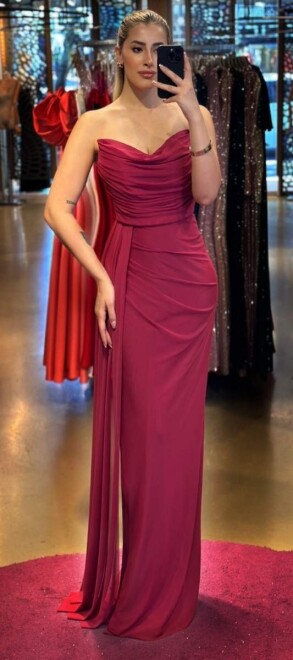 Cherry Red Slit Straight Cut Long Evening Dress 7498 