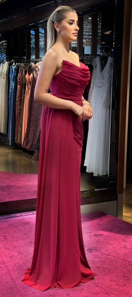 Cherry Red Slit Straight Cut Long Evening Dress 7498 - 3