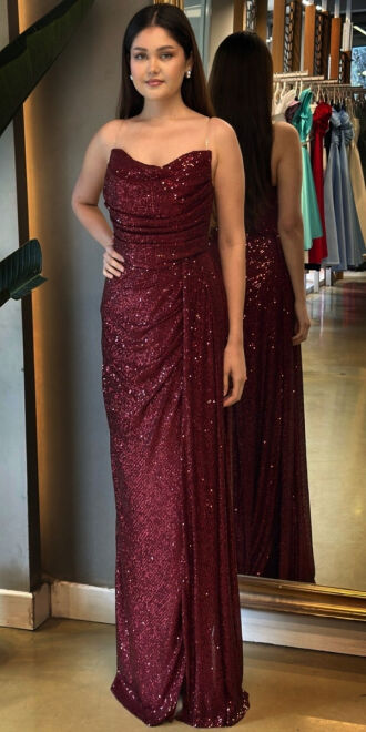 Cherry Red Slit Straight Cut Sequin Long Evening Dress 7368 - 1