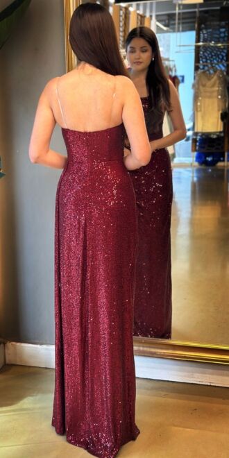 Cherry Red Slit Straight Cut Sequin Long Evening Dress 7368 - 5