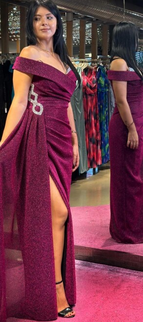 Cherry Red Stone Detailed Slit Straight Cut Glitter Long Evening Dress 7608 - 3