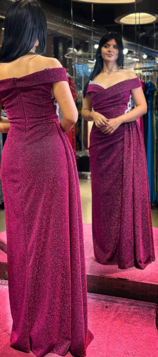 Cherry Red Stone Detailed Slit Straight Cut Glitter Long Evening Dress 7608 - 5