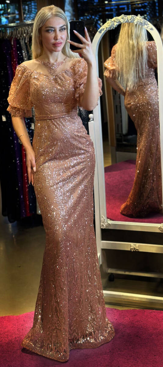 Copper Balloon Sleeve Lace Detailed Straight Cut Glitter Long Evening Dress 7278 - 1