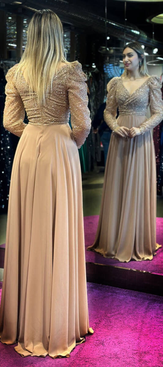 Copper Long Sleeve Flared Skirt Chiffon Long Evening Dress 7448 - 5