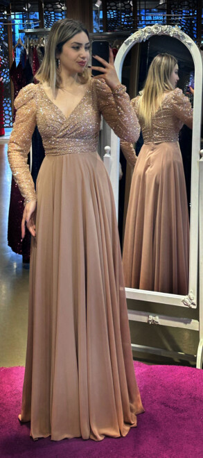 Copper Long Sleeve Flared Skirt Chiffon Long Evening Dress 7448 - 1