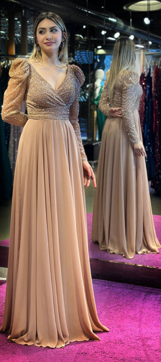 Copper Long Sleeve Flared Skirt Chiffon Long Evening Dress 7448 - 3