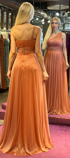 Copper One Shoulder Belted Flared Skirt Glitter Fabric Long Evening Dress 7015 - 5