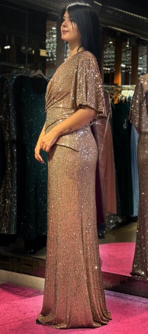 Copper Short Sleeve Straight Cut Sequin Long Evening Dress 7572 - 3