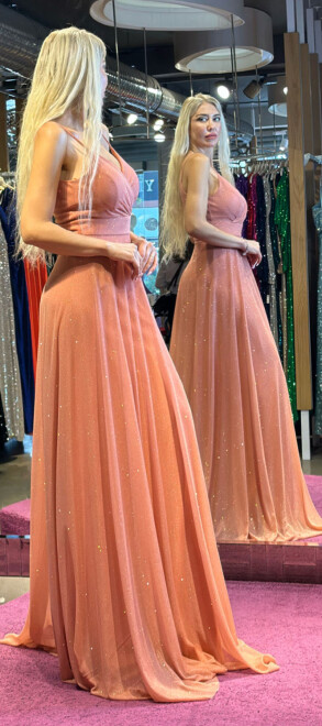 Copper Spaghetti Strap Flared Skirt Glitter Long Evening Dress 6877 - 3