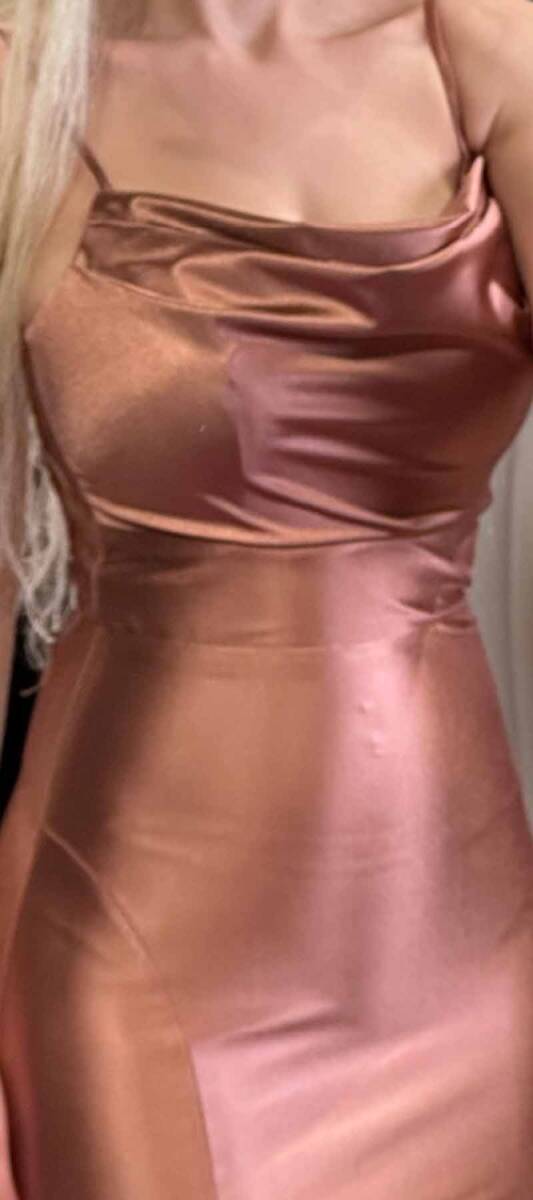 Copper Spaghetti Strap Slit Straight Cut Lycra Long Evening Dress 7429 - 4