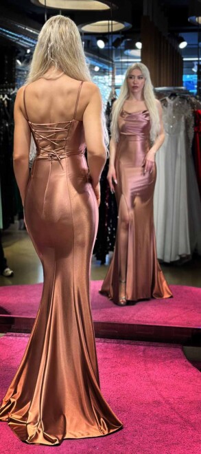 Copper Spaghetti Strap Slit Straight Cut Lycra Long Evening Dress 7429 - 5