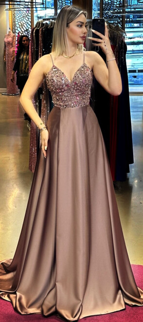 Copper Spaghetti Strap Stone Detailed Low-Cut Back Flared Skirt Tulle Long Evening Dress 7529 - 1