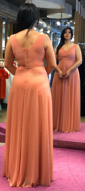 Copper Thick Strap Flared Skirt Glitter Fabric Long Evening Dress 7117 - 5