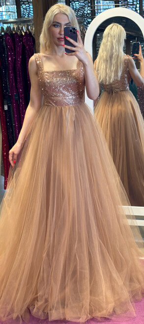 Copper Thick Strap Flared Skirt Tulle Long Evening Dress 7391 - 1