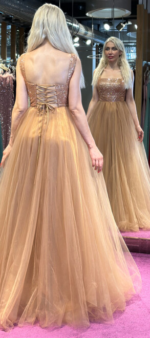 Copper Thick Strap Flared Skirt Tulle Long Evening Dress 7391 - 5