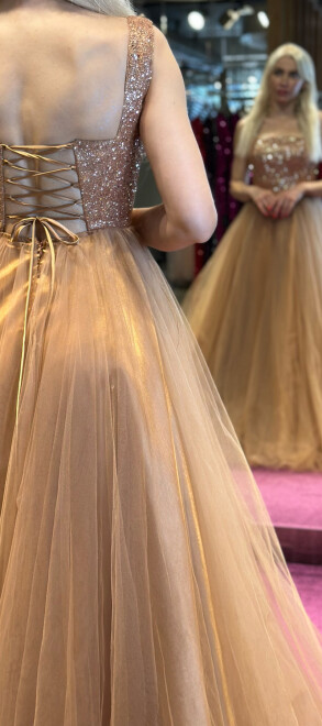 Copper Thick Strap Flared Skirt Tulle Long Evening Dress 7391 - 4