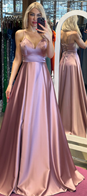 Dusty Rose Spaghetti Strap Low-Cut Back Wrap Slit Flared Skirt Satin Long Evening Dress 6777 