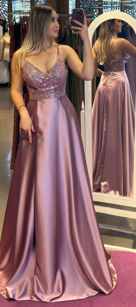 Dusty Rose Spaghetti Strap Low-Cut Back Wrap Slit Flared Skirt Satin Long Evening Dress 6835 - 2