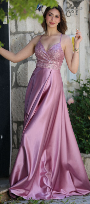 Dusty Rose Spaghetti Strap Low-Cut Back Wrap Slit Flared Skirt Satin Long Evening Dress 6835 - 1