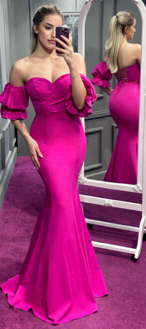 Fuchsia Balloon Sleeve Low-Cut Back Mermaid Skirt Crepe Long Evening Dress 7233 - 1