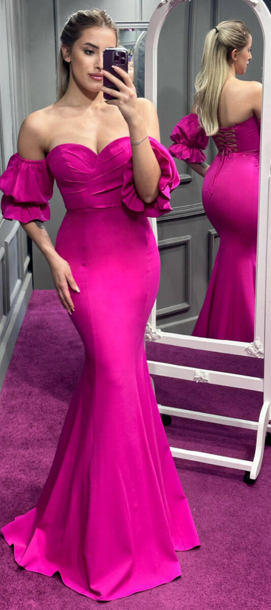 Fuchsia Balloon Sleeve Low-Cut Back Mermaid Skirt Crepe Long Evening Dress 7233 - 1