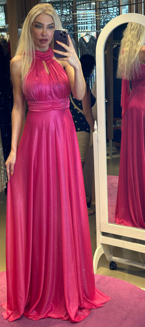 Fuchsia Belted Low-Cut Back Flared Skirt Glitter Fabric Long Evening Dress 6646 