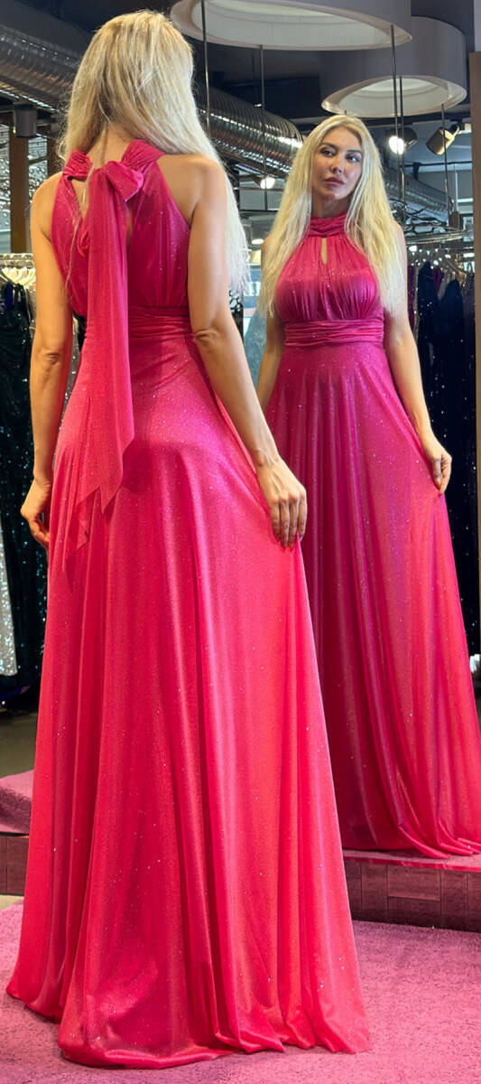 Fuchsia Belted Low-Cut Back Flared Skirt Glitter Fabric Long Evening Dress 6646 - 5