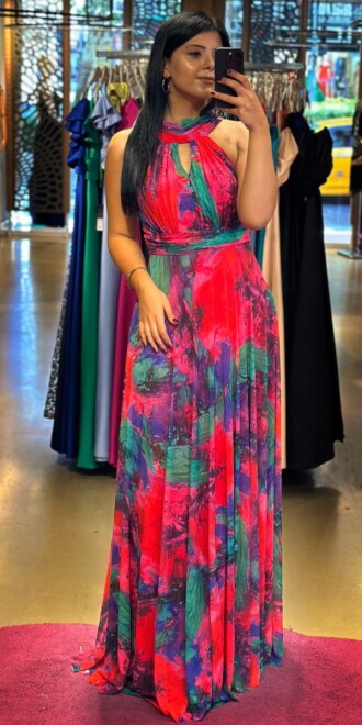 Fuchsia Flared Skirt Patterned Long Evening Dress 7611 - 1