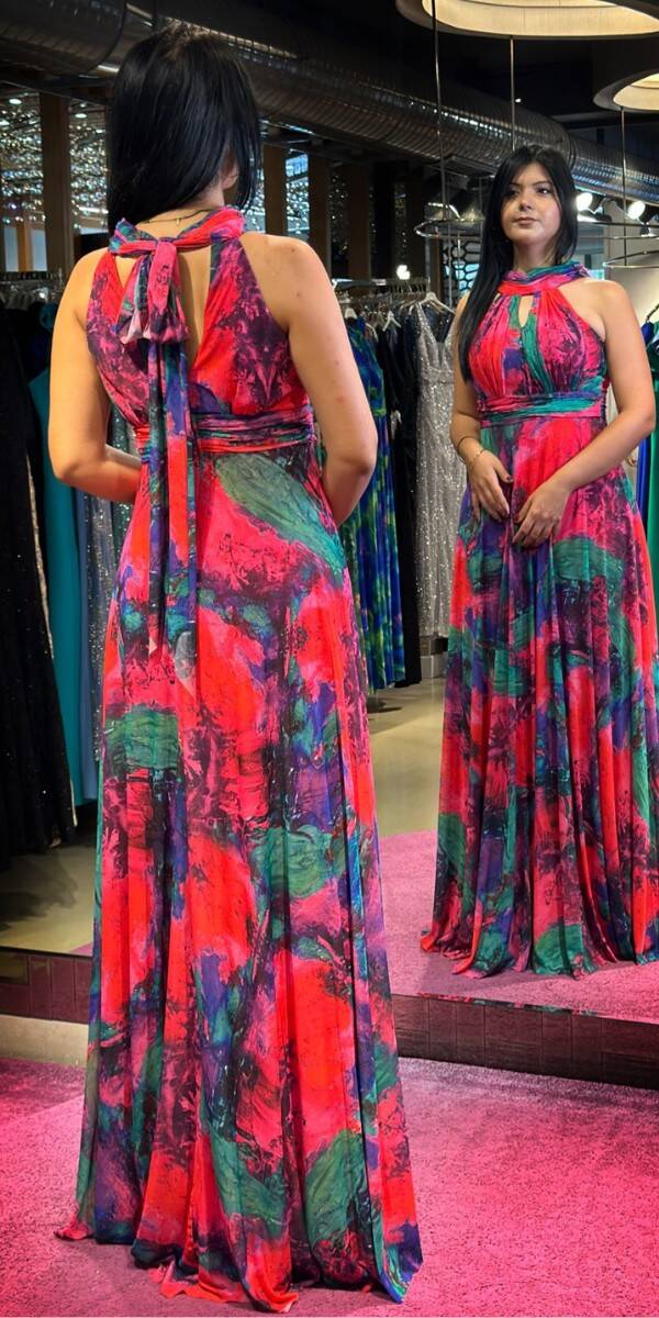 Fuchsia Flared Skirt Patterned Long Evening Dress 7611 - 5